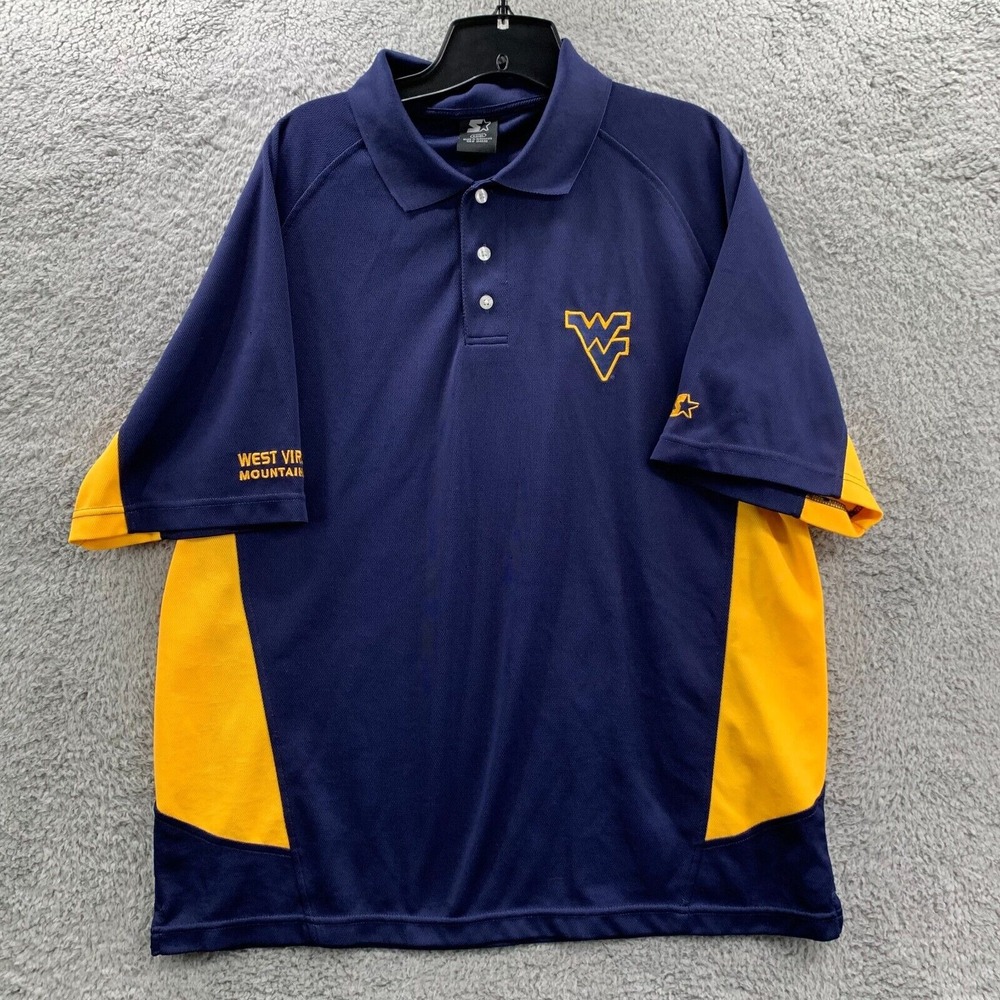 WEST VIRGINIA Polo Shirt Mens Size Large Starter Blue Yellow NCAA*